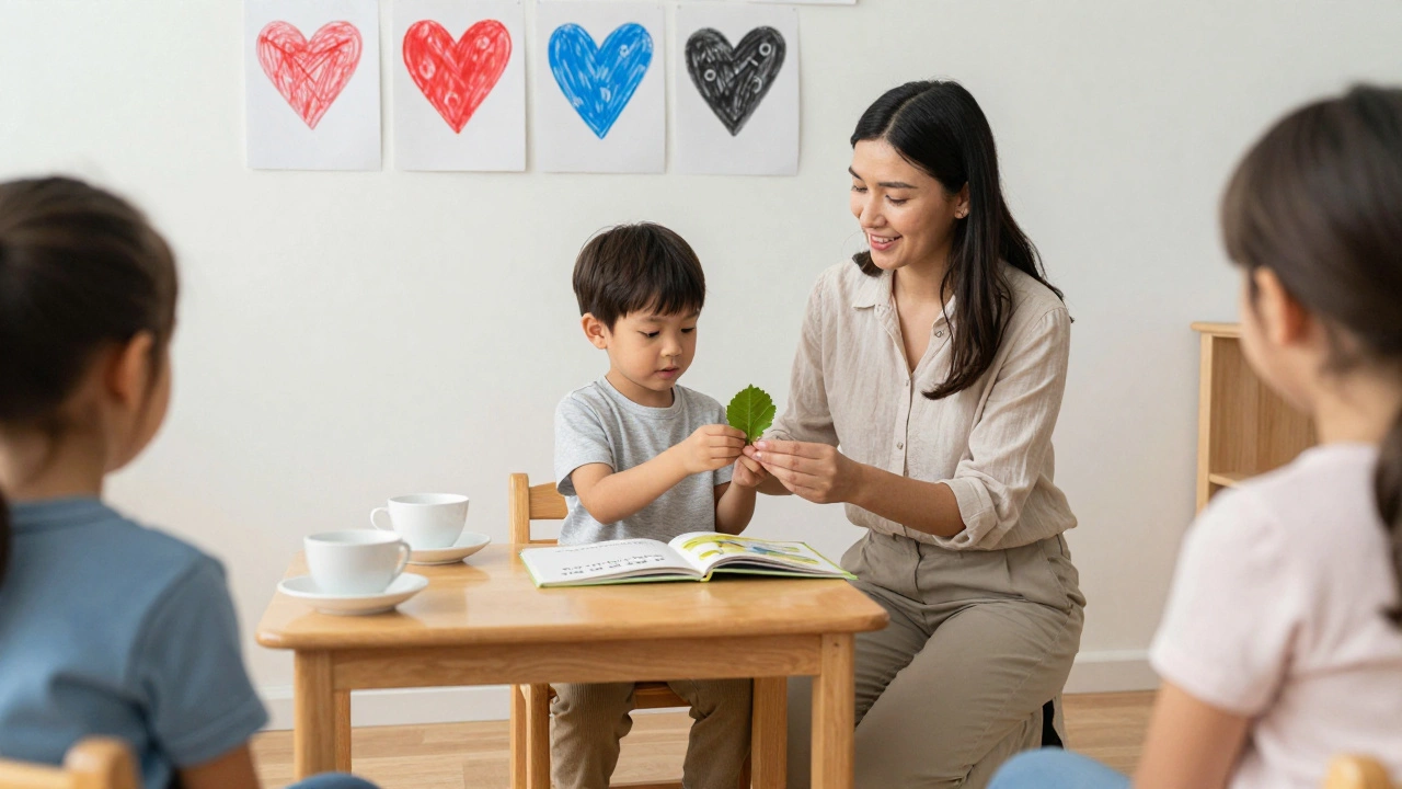 Воспитательница наблюдает за мальчиком, который держит лист, в тихой атмосфере группы.