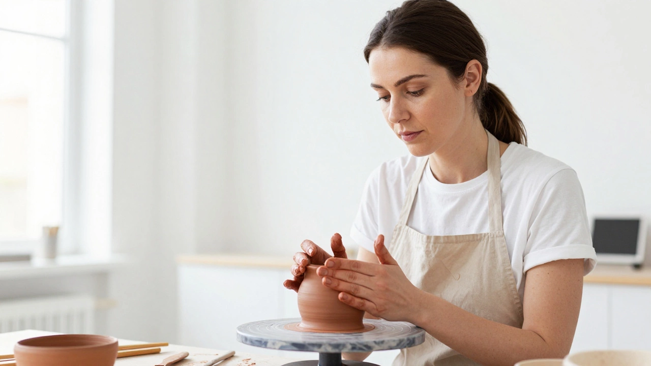 Взрослый человек лепит из глины в светлой мастерской, расслаблен.