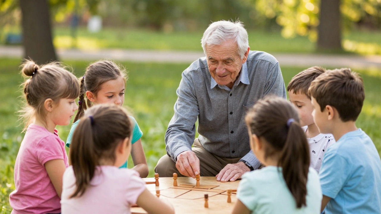 Дедушка учит детей в детском саду играть в традиционные городки