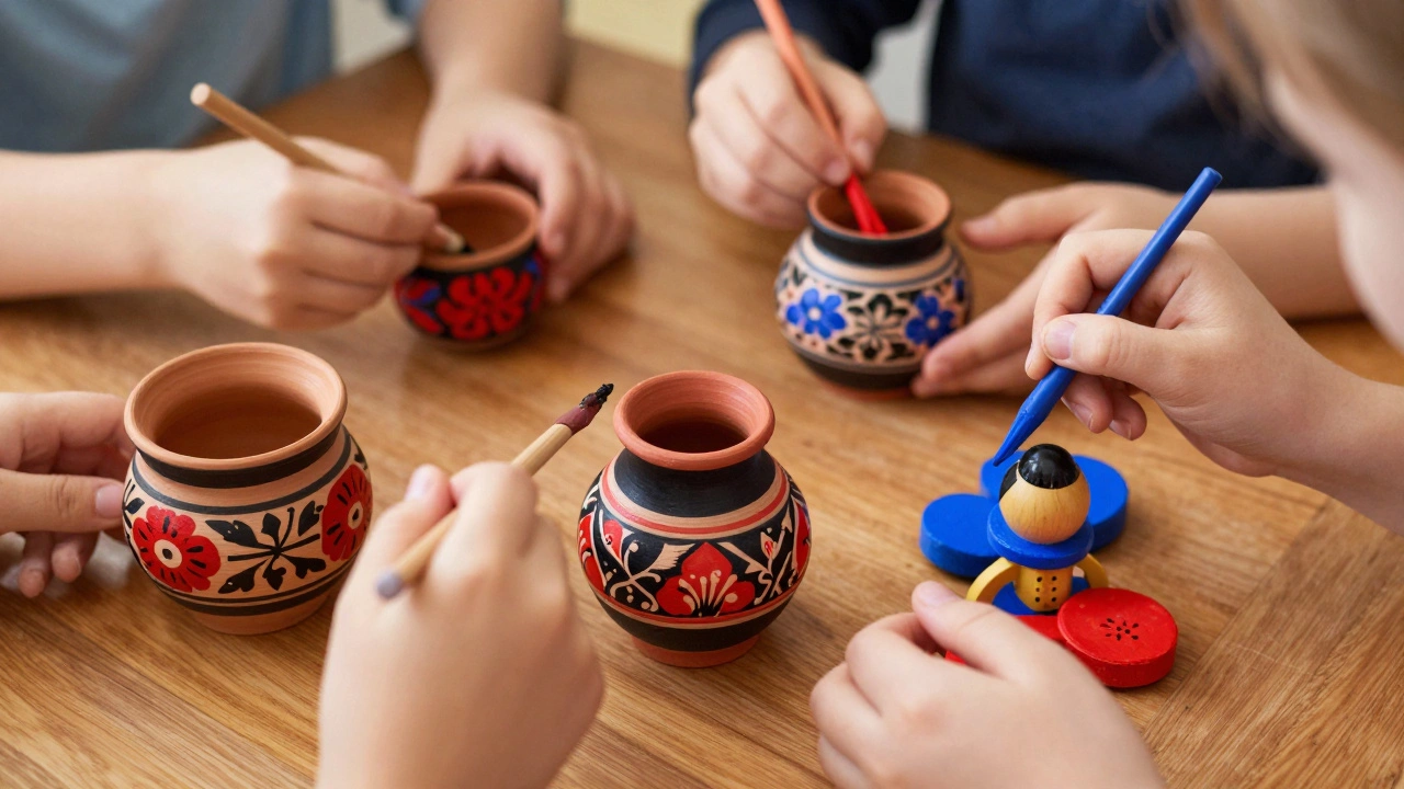 Дети расписывают традиционные народные промыслы на уроке творчества