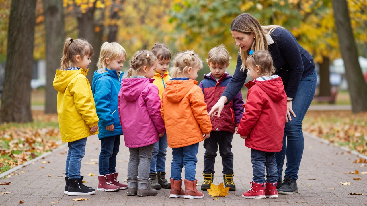 Дети с воспитателем изучают осенние листья во время прогулки в детском саду