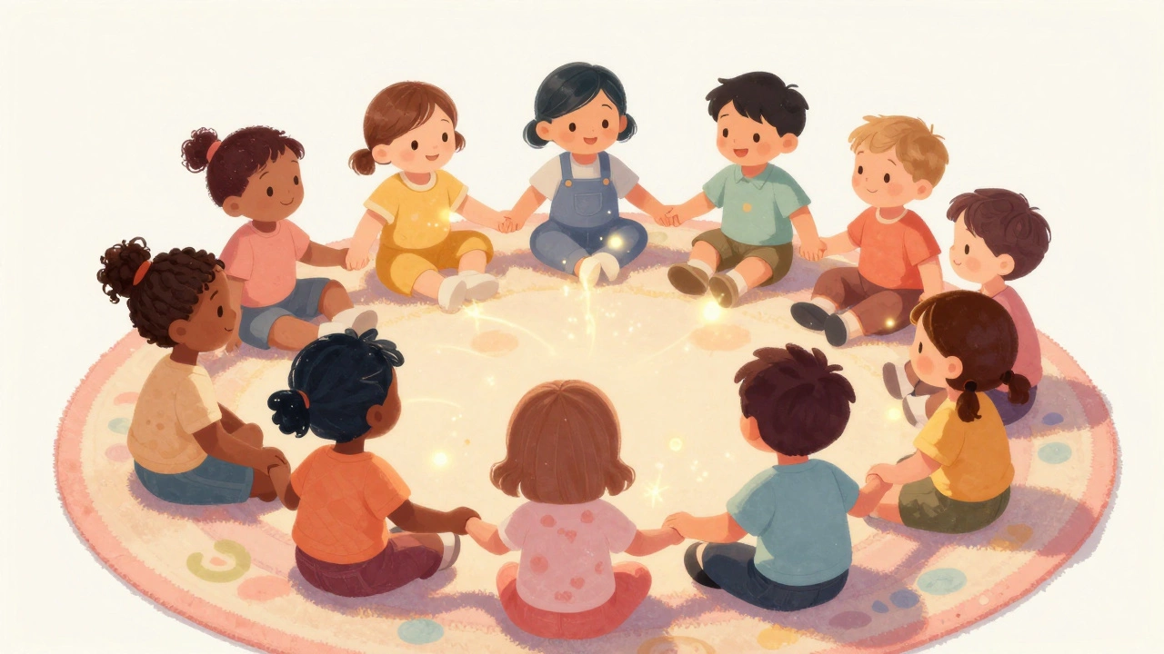 Дети сидят в кругу, обмениваясь добрыми словами и улыбками