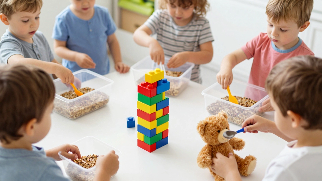 Дети в яслях играют с крупными кубиками и игрушками для развития моторики