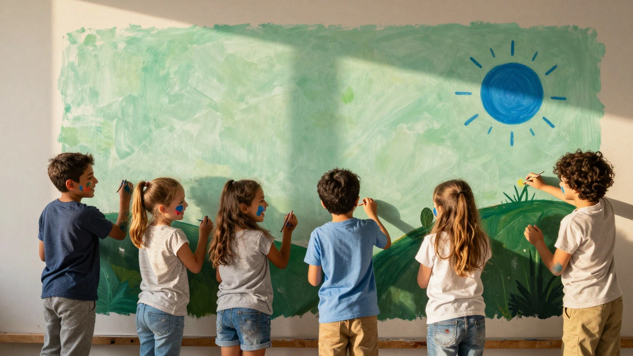 Группа детей вместе рисует большую общую картину, проявляя командную работу