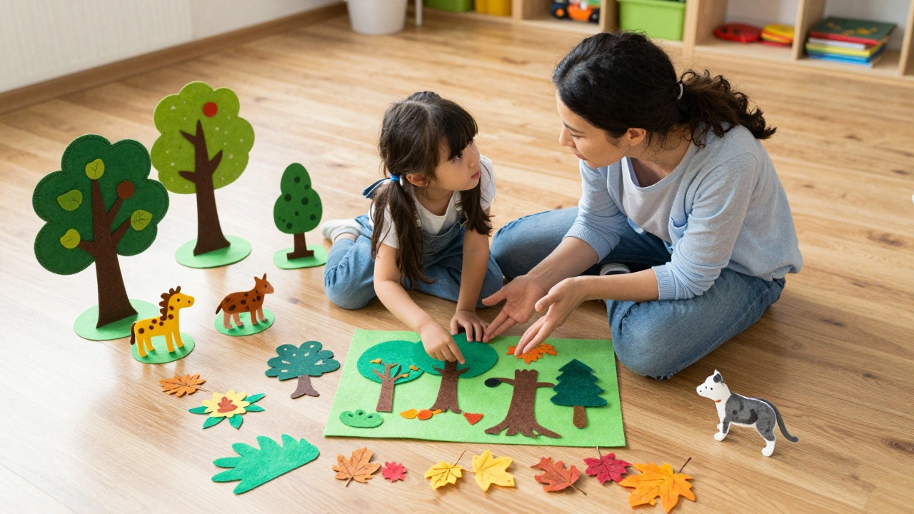 Мама и дочь вместе занимаются тематической игрой про лес на полу