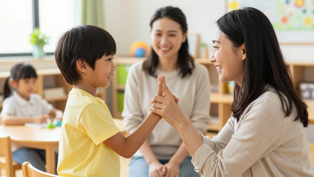 Мама и ребенок выполняют ритуал прощания в группе детского сада