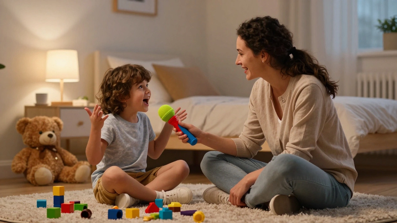 Родитель берет интервью у ребенка с помощью игрушечного микрофона в уютной детской