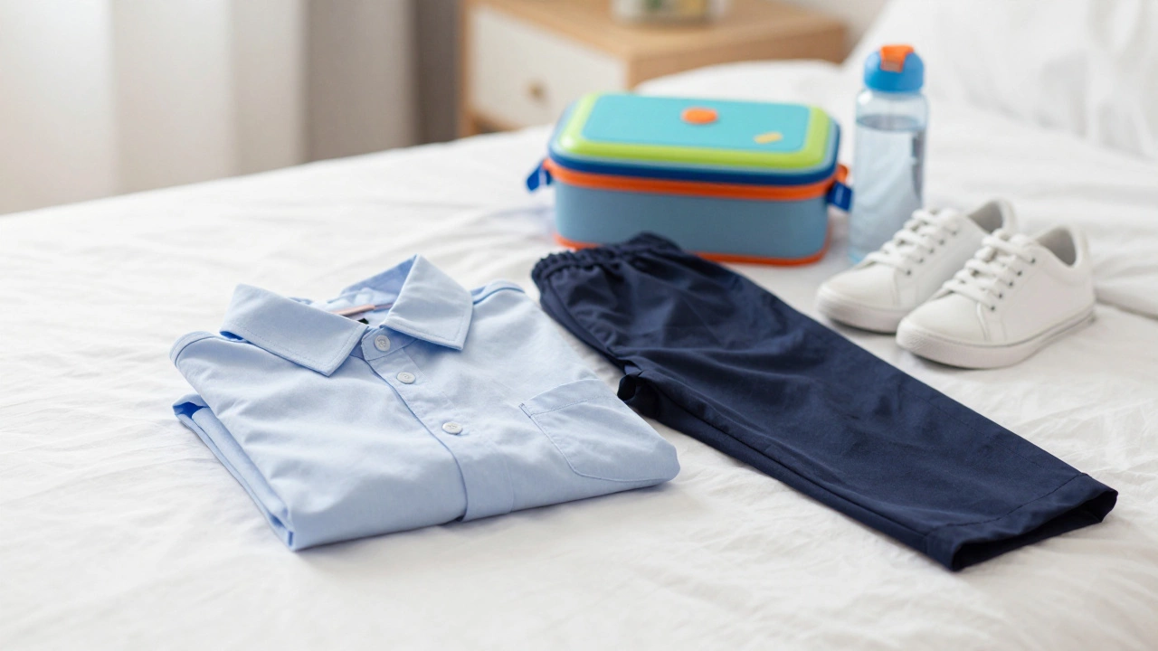 Школьная форма, белые кроссовки и ланчбокс, подготовленные к первому учебному дню