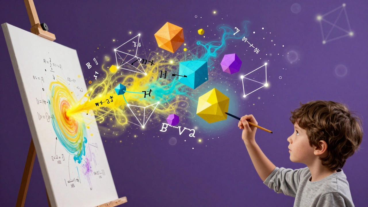 Сюрреалистичное изображение связи творчества, математики и нейронных связей в мозге ребенка