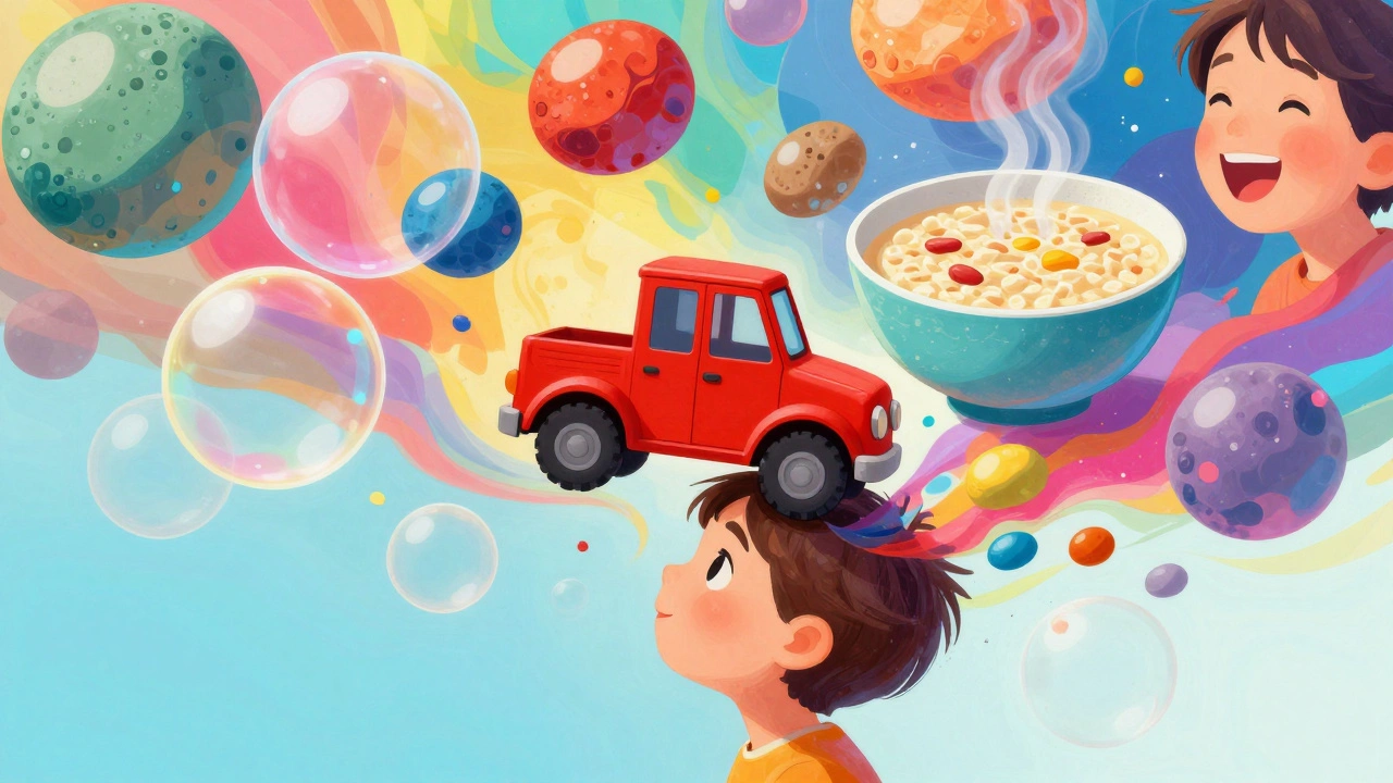 Сюрреалистичные образы из воспоминаний ребенка: игрушки, еда и друзья в ярких пузырях