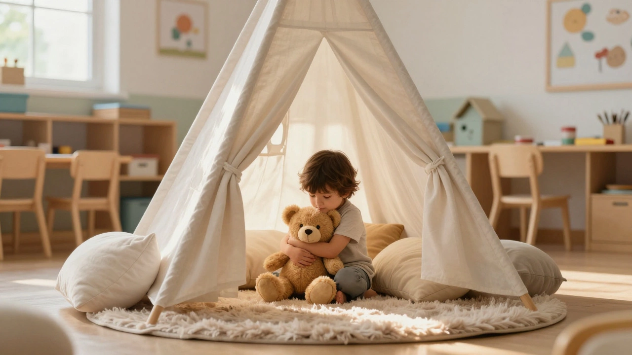 Уютный уголок с палаткой и подушками, где ребенок обнимает любимую игрушку