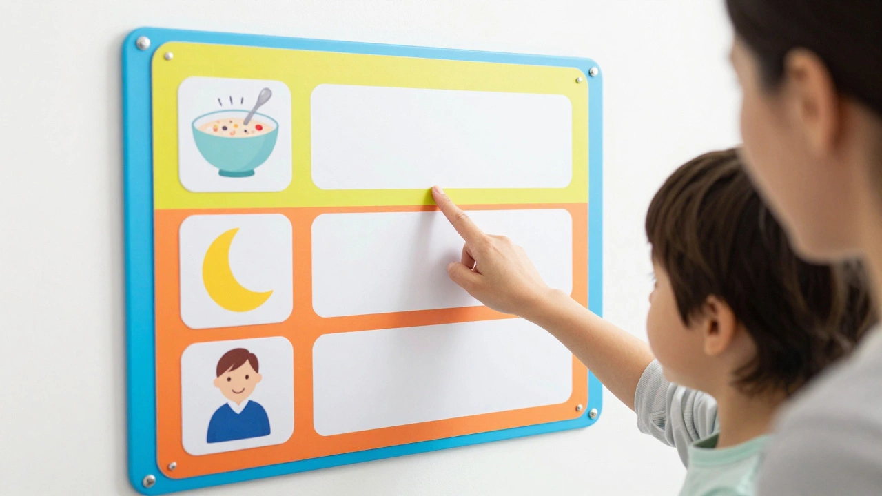 Воспитатель показывает ребенку визуальное расписание дня с понятными картинками