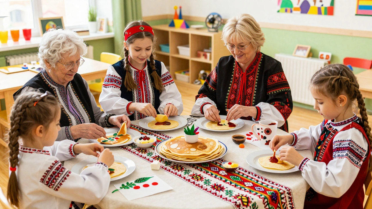 Дети и родители готовят блины на празднике в саду